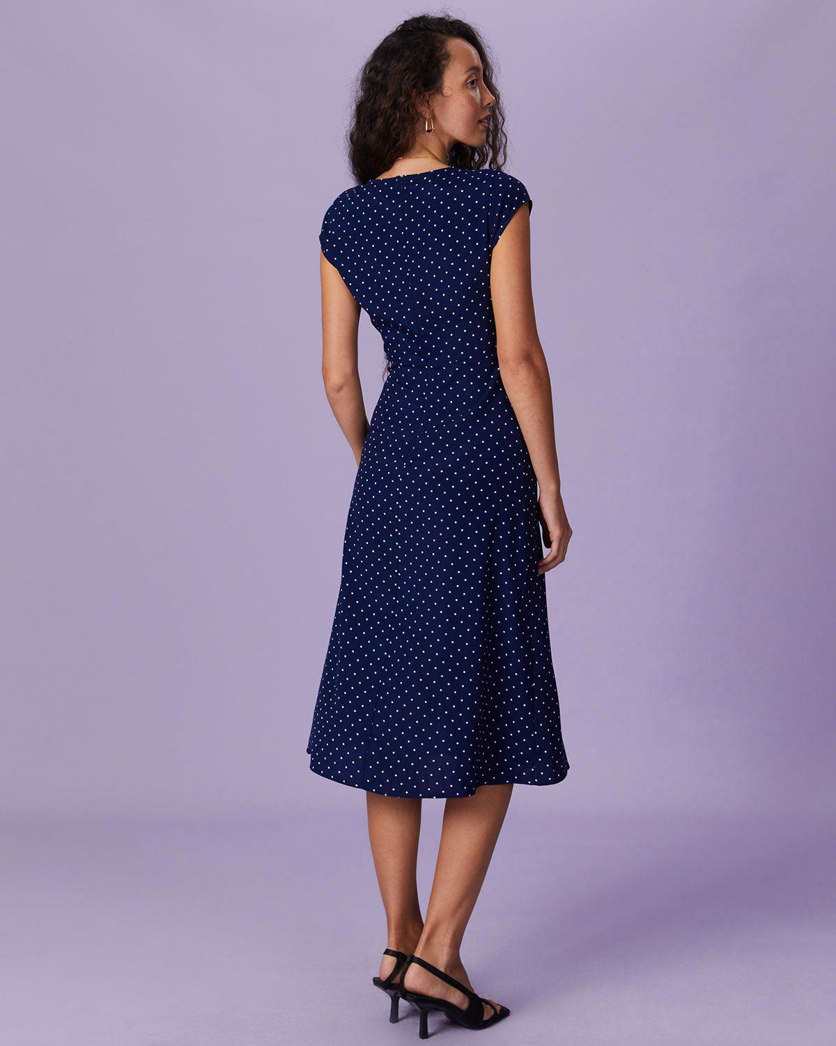 The Navy V Neck Polka Dot Ruched Midi Dress sold by rihoas product image thumbnail 5