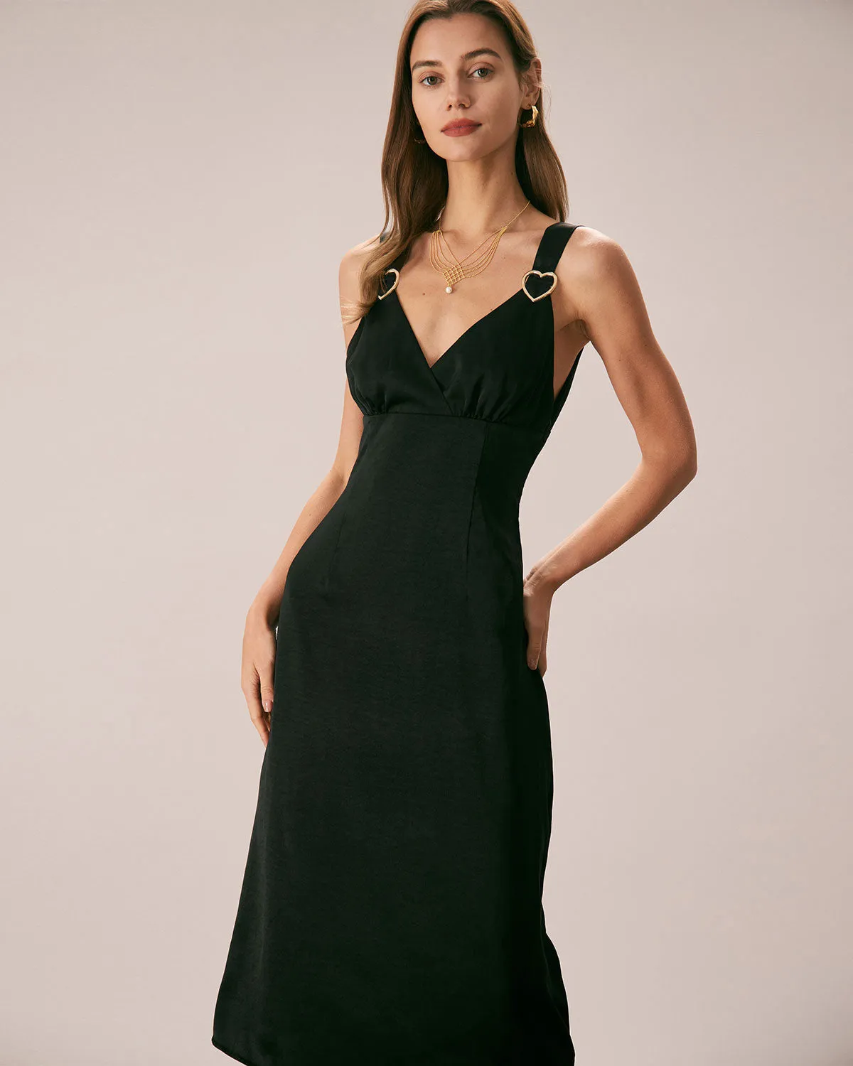 The Black V Neck Ruched Satin Midi Dress sold by rihoas product image thumbnail 4