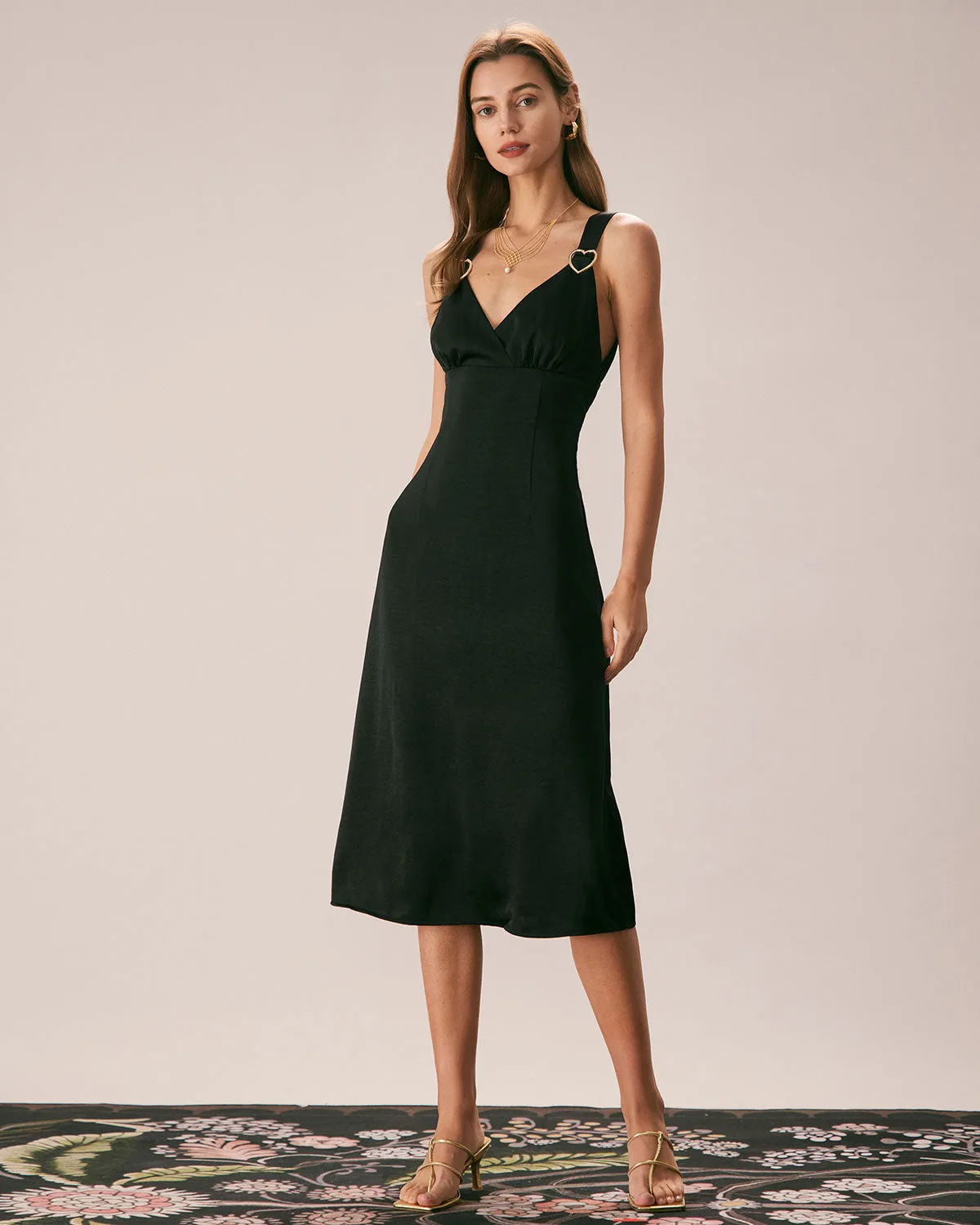 The Black V Neck Ruched Satin Midi Dress sold by rihoas product image thumbnail 5