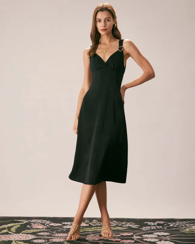 The Black V Neck Ruched Satin Midi Dress sold by rihoas