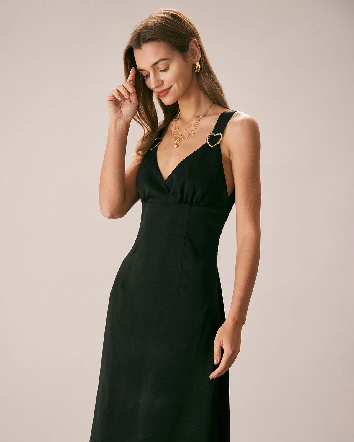 The Black V Neck Ruched Satin Midi Dress sold by rihoas product image thumbnail 3