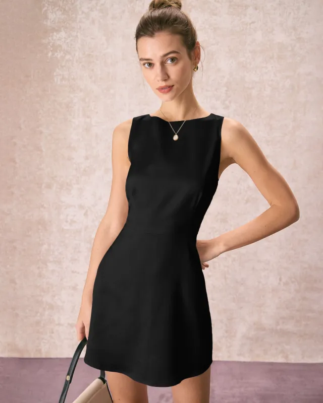 The Black Boat Neck Satin A-Line Mini Dress sold by rihoas