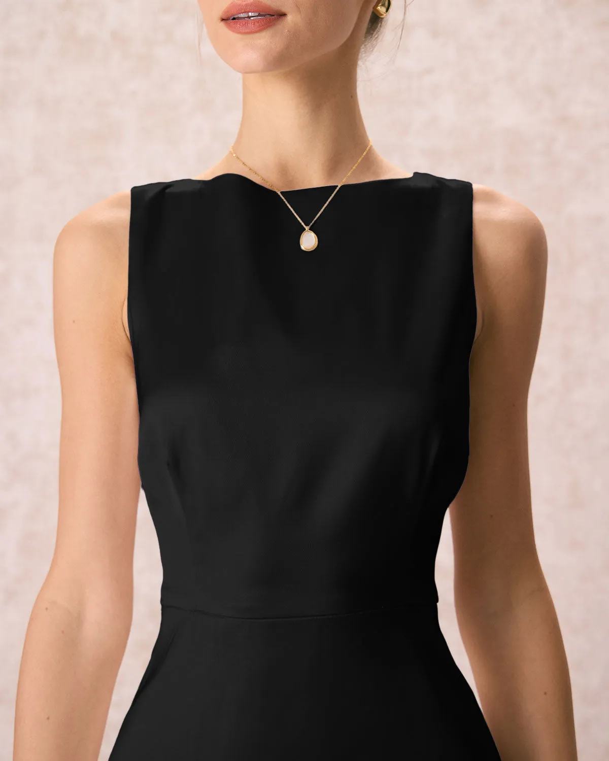 The Black Boat Neck Satin A-Line Mini Dress sold by rihoas product image thumbnail 2