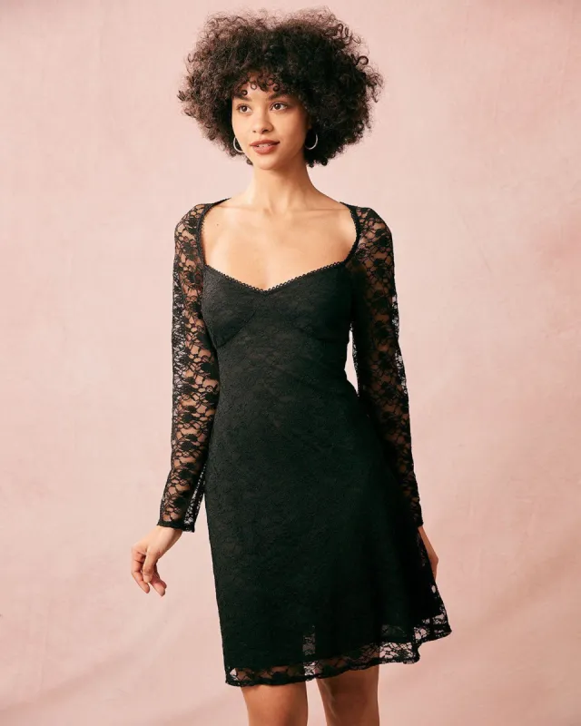The Black Sweetheart Neck Lace Long Sleeve Mini Dress sold by rihoas