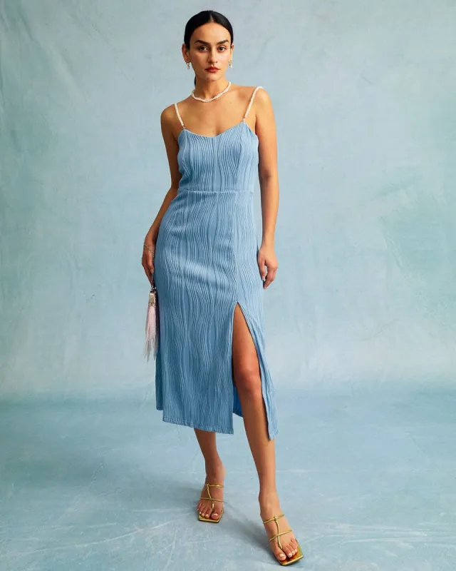 The Blue Wave Textured Pearl Strap Midi Dress sold by rihoas