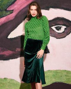 The Green High Waisted Slit Velvet Midi Skirt sold by rihoas