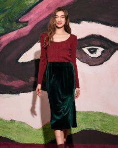 The Green High Waisted Slit Velvet Midi Skirt sold by rihoas