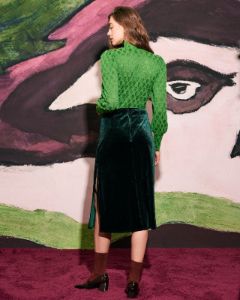The Green High Waisted Slit Velvet Midi Skirt sold by rihoas