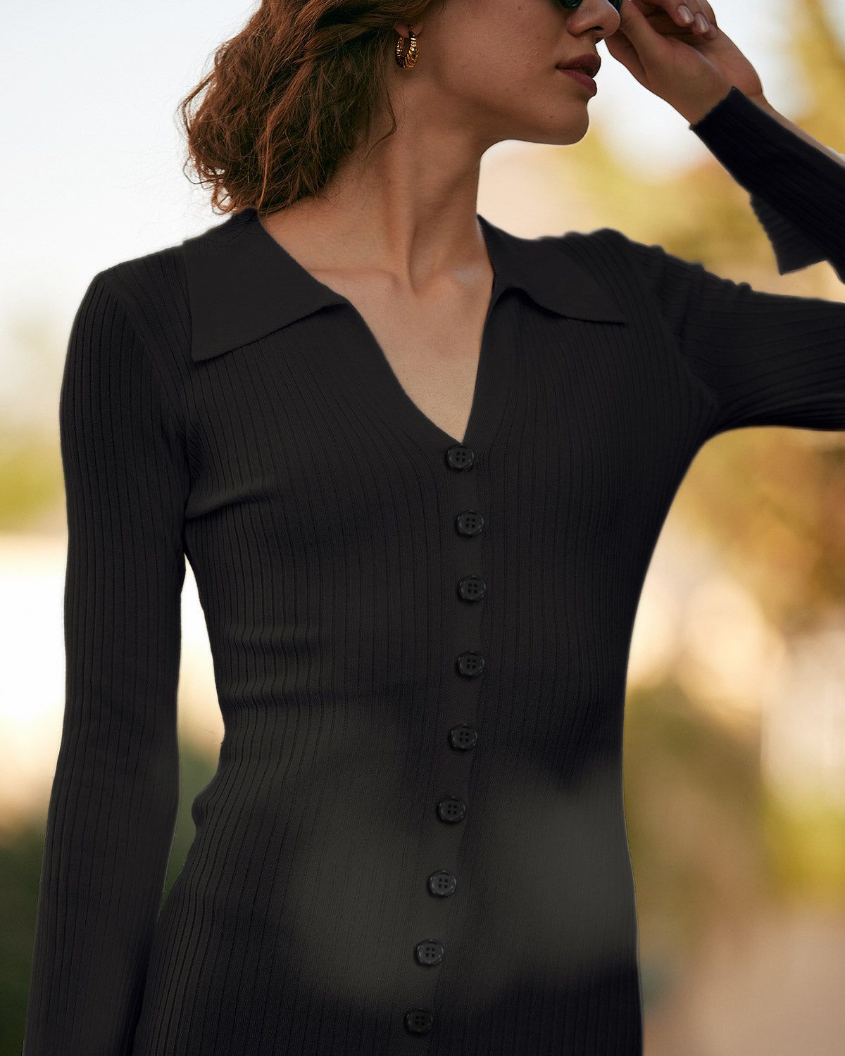 The Black Button Up Long Sleeve Sweater Midi Dress sold by rihoas product image thumbnail 2