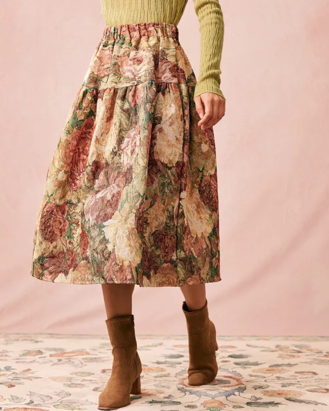 The High Waisted Floral Tiered Midi Skirt sold by rihoas