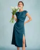 The Navy Satin Cap Sleeve Sheath Slit Midi Dress sold by rihoas