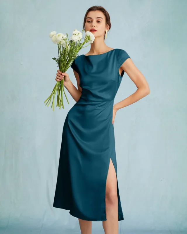 The Navy Satin Cap Sleeve Sheath Slit Midi Dress sold by rihoas