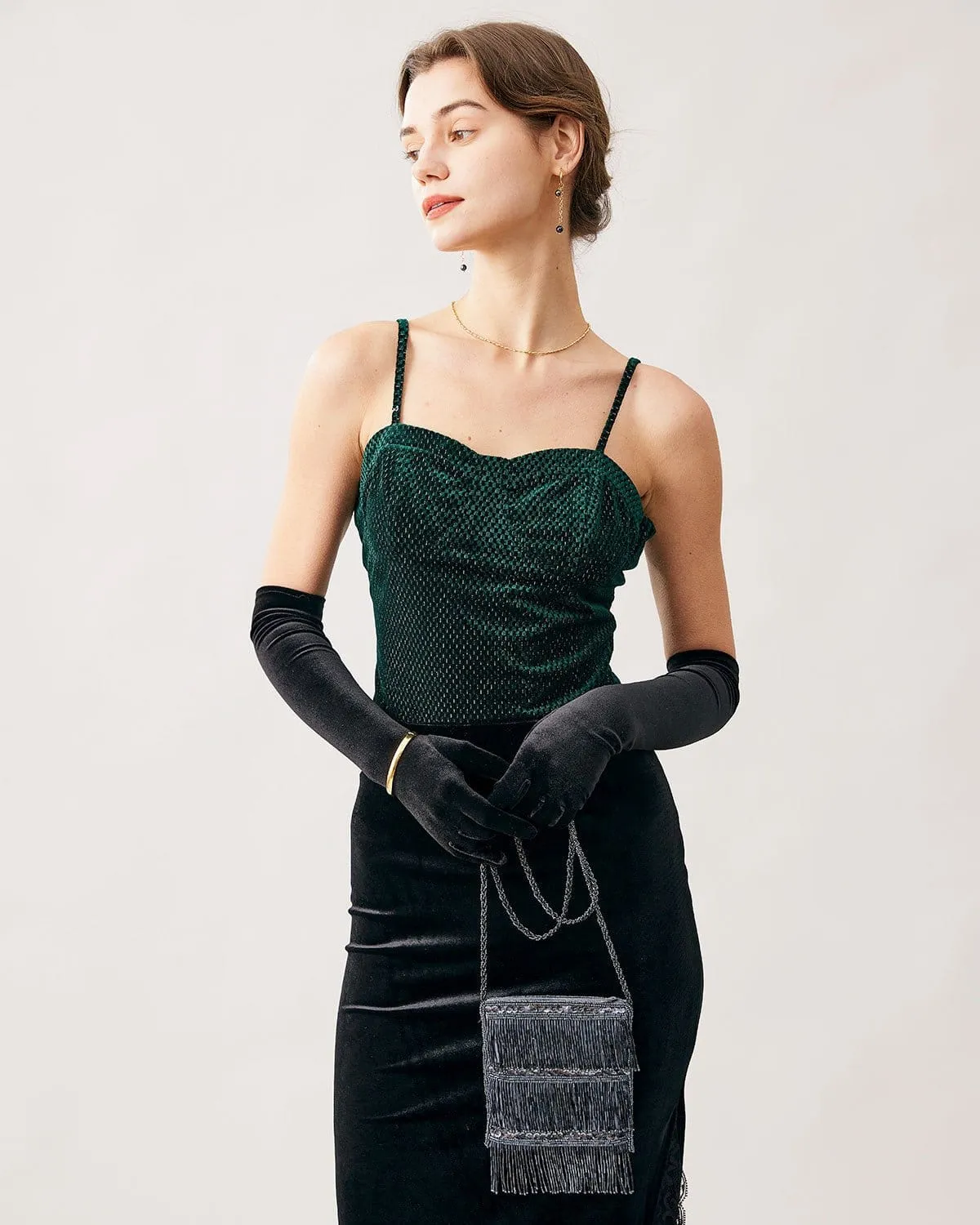 The Green Sweetheart Neck Velvet Crop Cami Top sold by rihoas product image thumbnail 3