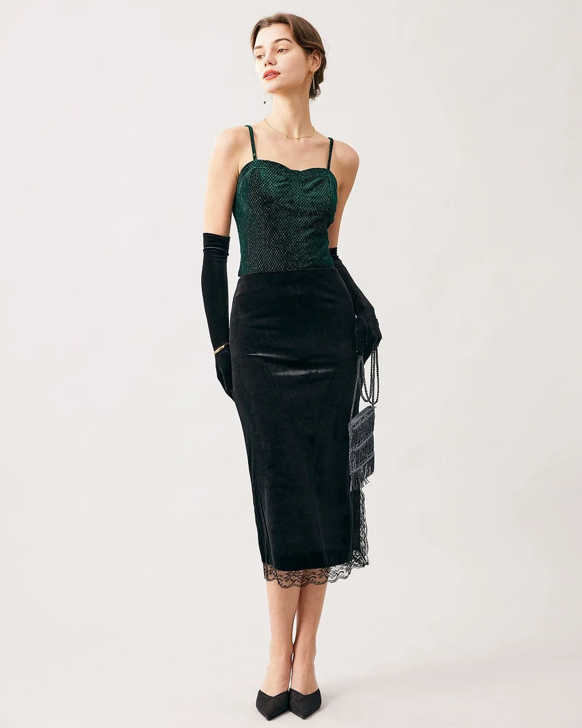 The Green Sweetheart Neck Velvet Crop Cami Top sold by rihoas product image thumbnail 4