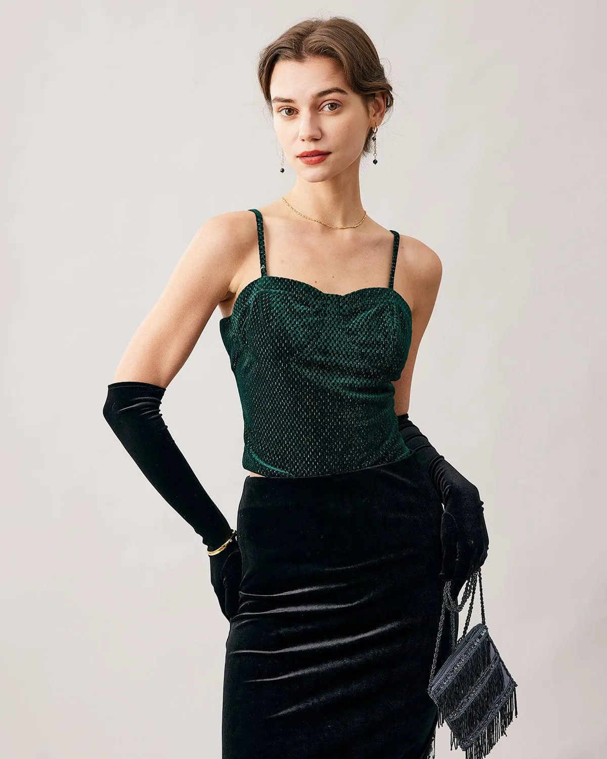 The Green Sweetheart Neck Velvet Crop Cami Top sold by rihoas