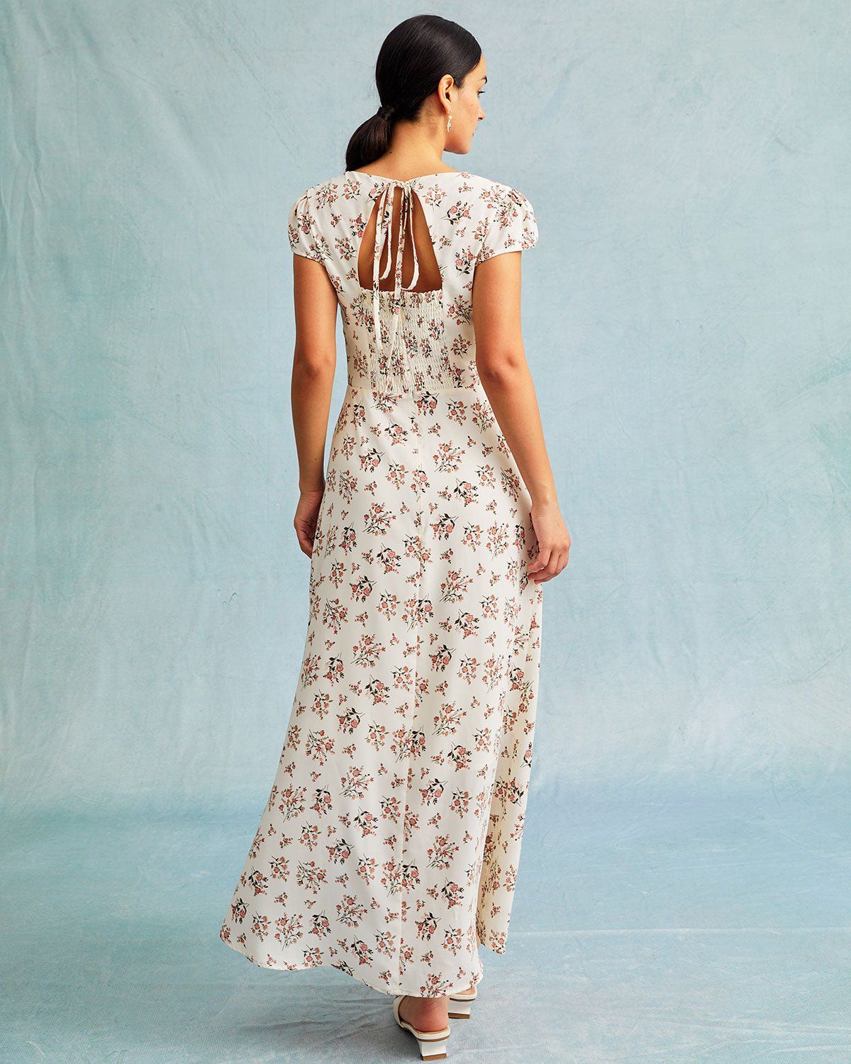 The Apricot Floral Cutout Back Cap Sleeve Maxi Dress sold by rihoas product image thumbnail 5
