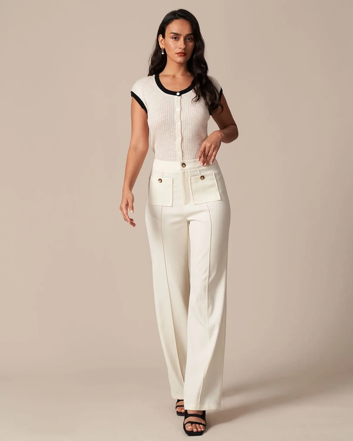 The White High Waisted Button Straight Pants sold by rihoas product image thumbnail 3