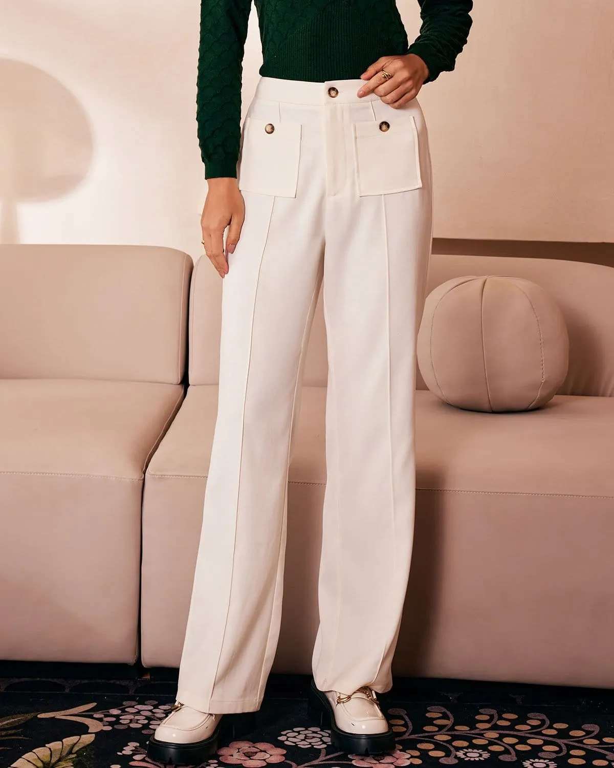 The White High Waisted Button Straight Pants sold by rihoas