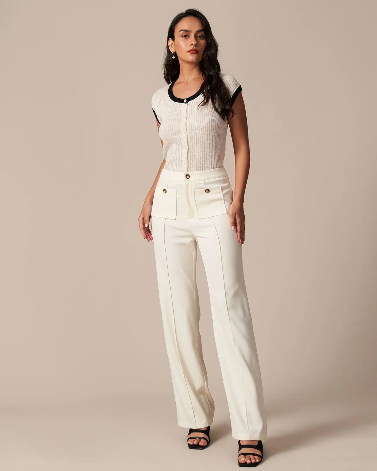 The White High Waisted Button Straight Pants sold by rihoas product image thumbnail 4