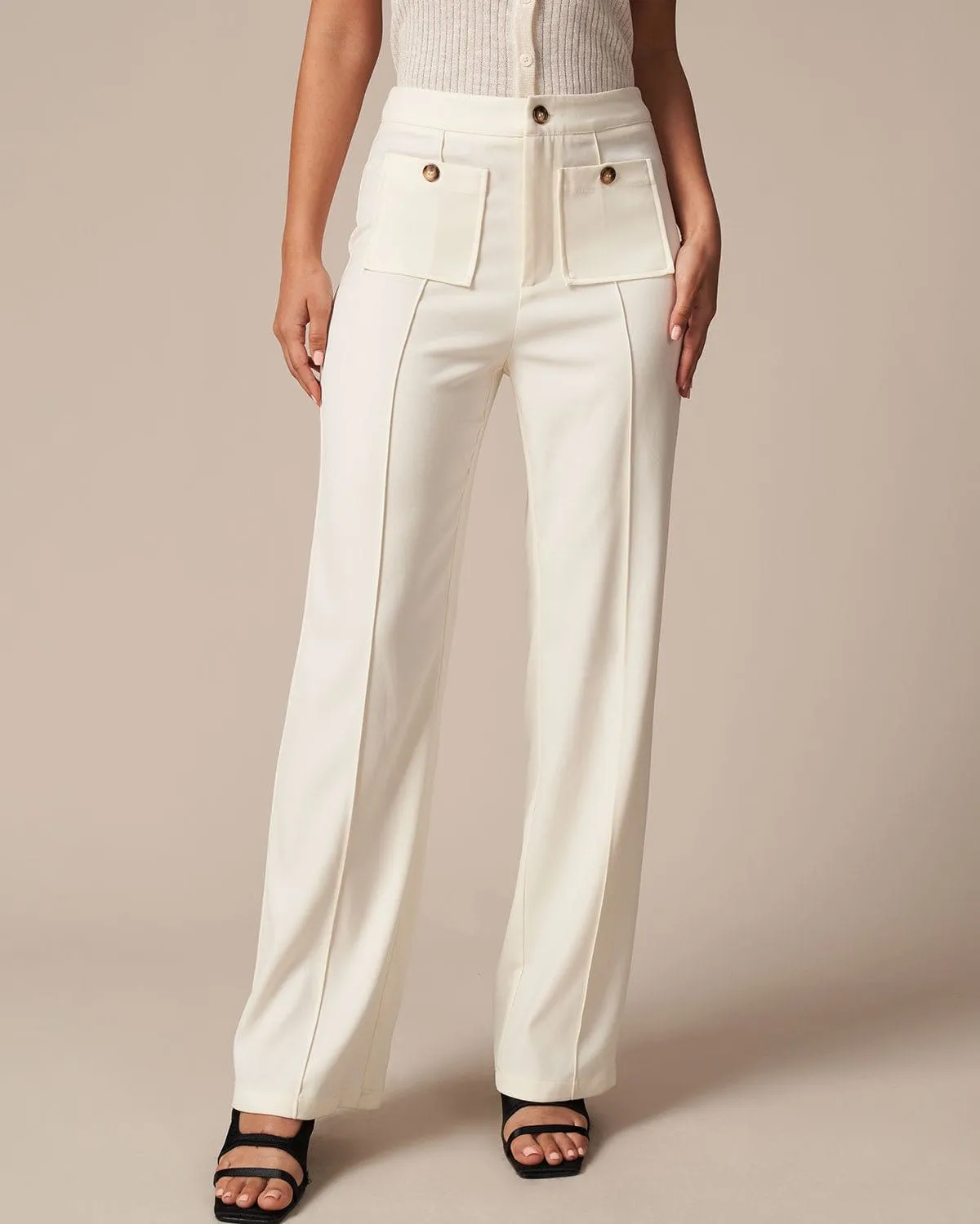 The White High Waisted Button Straight Pants sold by rihoas product image thumbnail 2