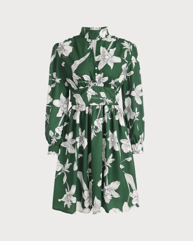 The Green Mock Neck Floral Long Sleeve Mini Dress sold by rihoas