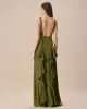 The Green V Neck Ruched Satin Maxi Dress sold by rihoas