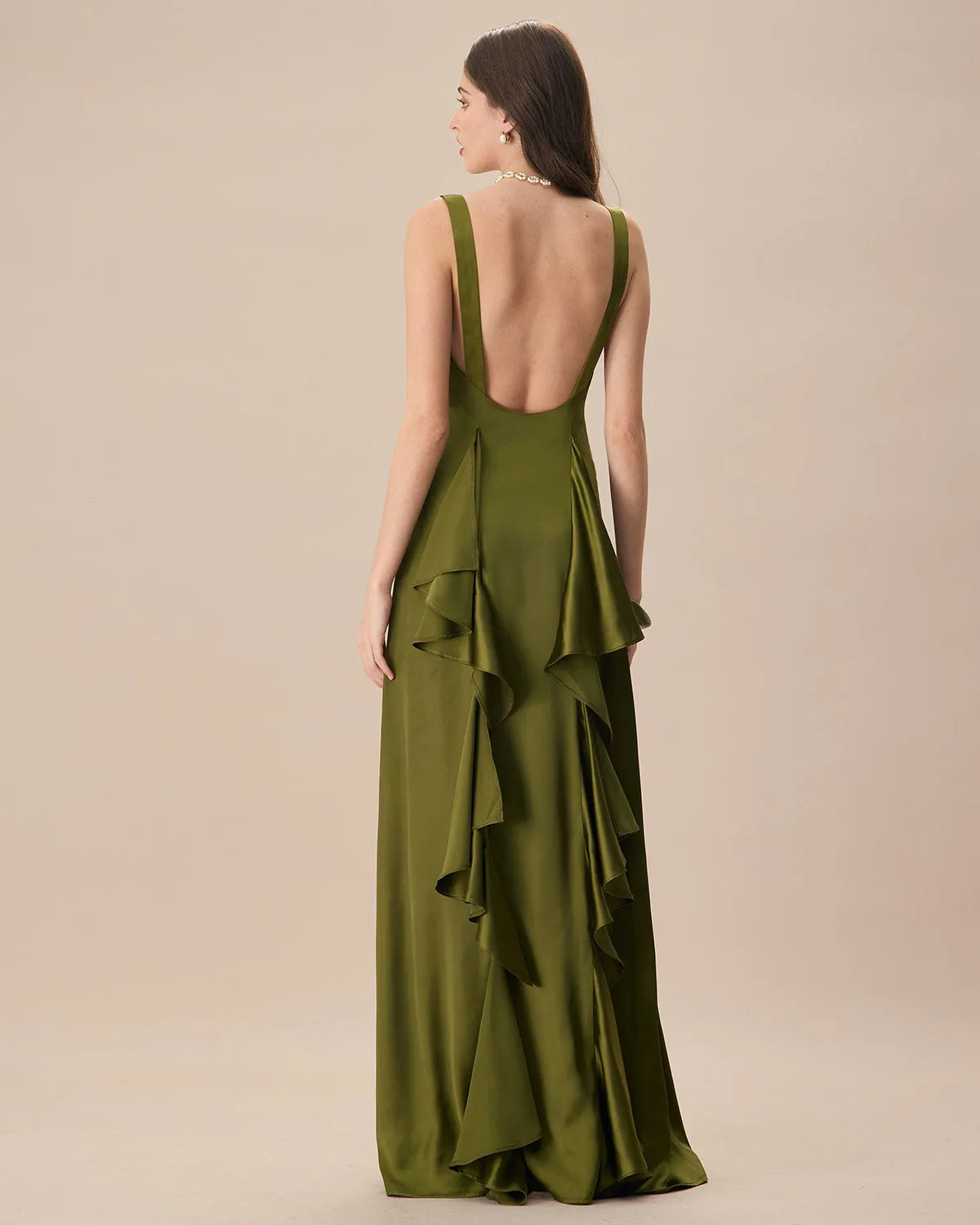 The Green V Neck Ruched Satin Maxi Dress sold by rihoas product image thumbnail 4