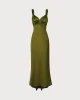 The Green V Neck Ruched Satin Maxi Dress sold by rihoas