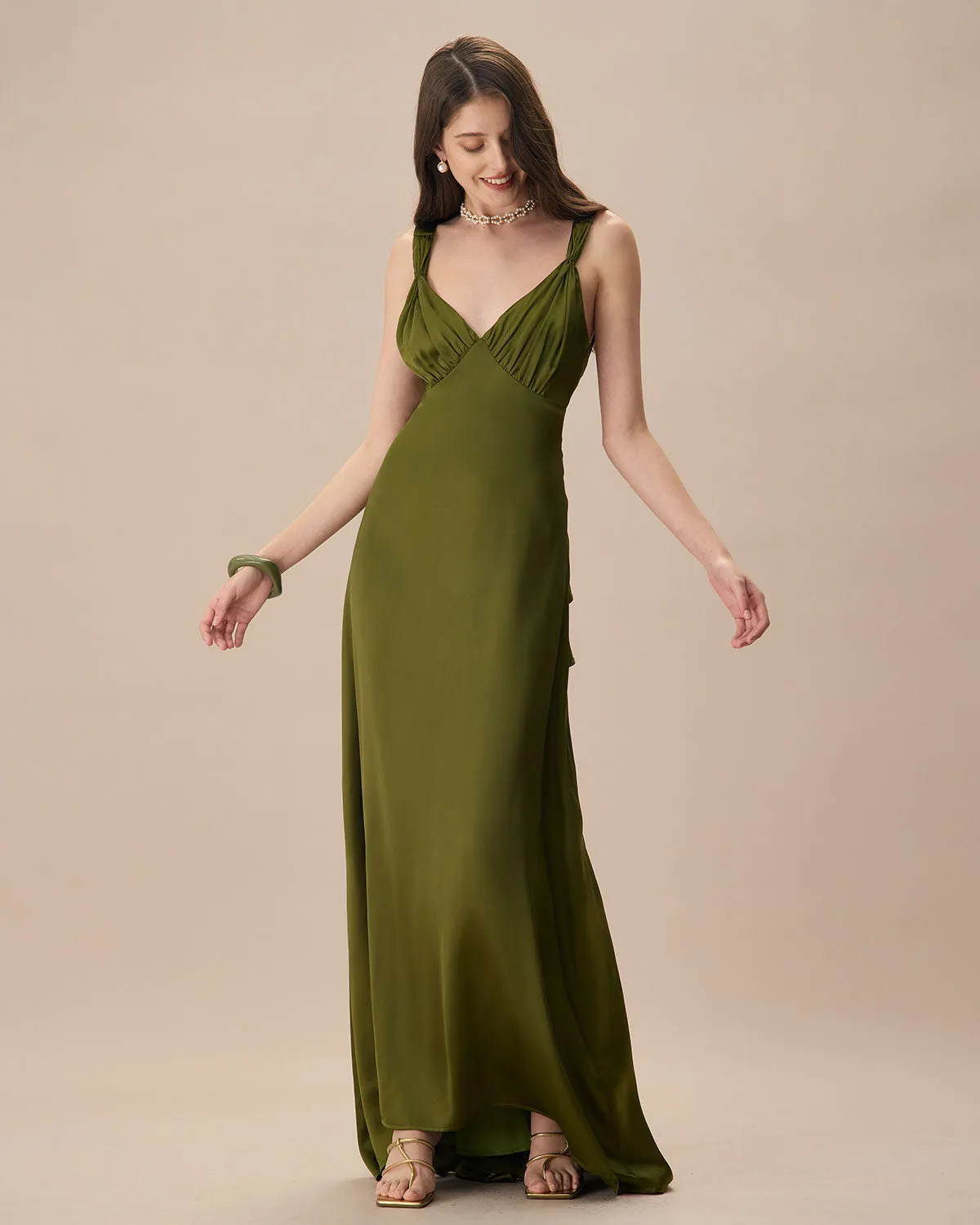 The Green V Neck Ruched Satin Maxi Dress sold by rihoas product image thumbnail 3