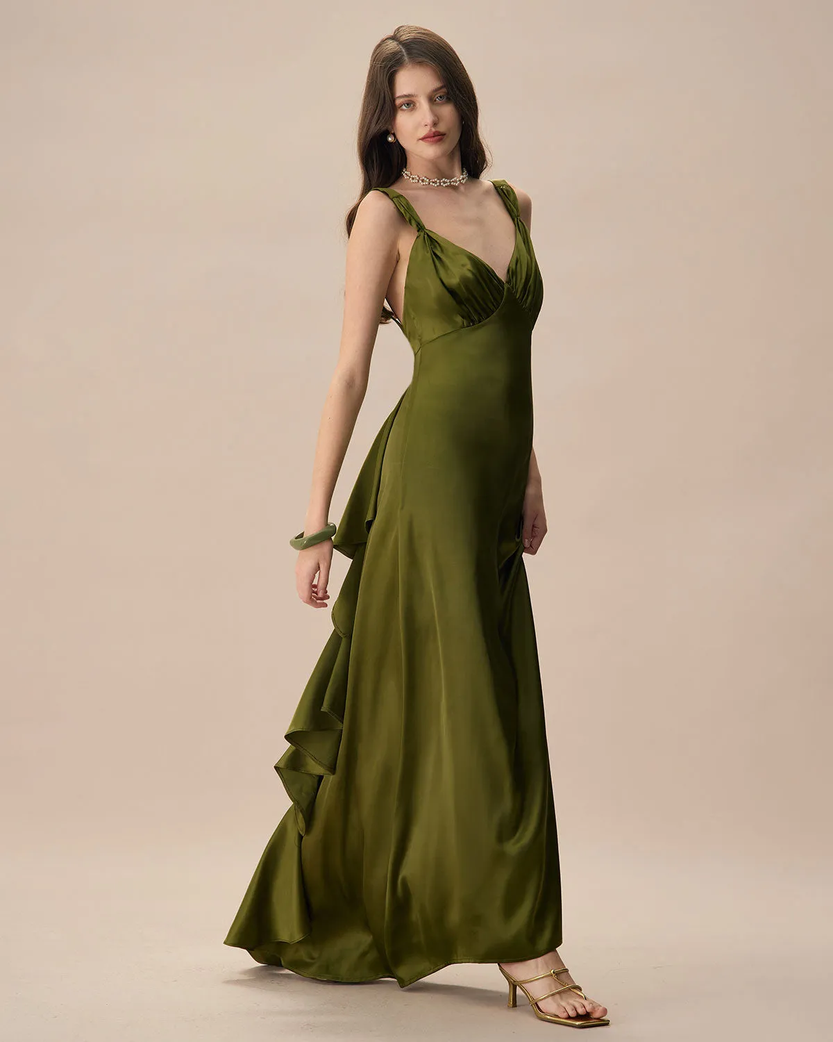 The Green V Neck Ruched Satin Maxi Dress sold by rihoas product image thumbnail 2