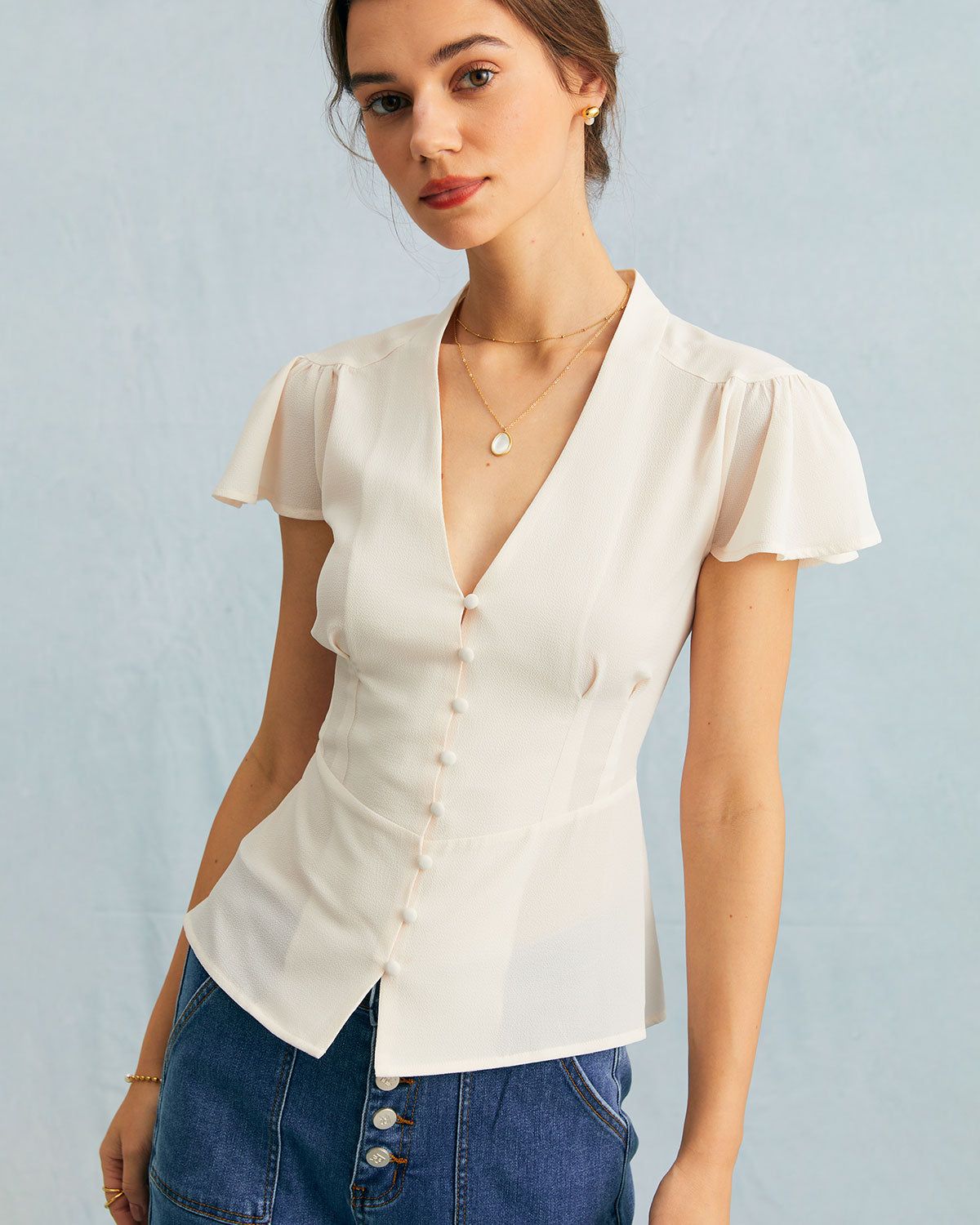 The Apricot V Neck Butterfly Sleeve Blouse sold by rihoas product image thumbnail 4