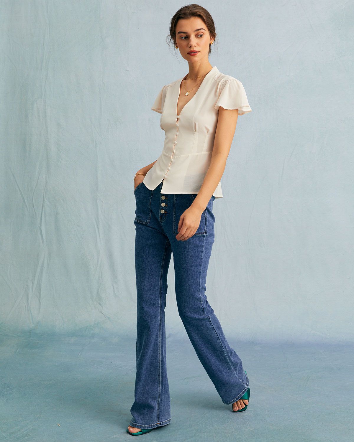 The Apricot V Neck Butterfly Sleeve Blouse sold by rihoas product image thumbnail 3