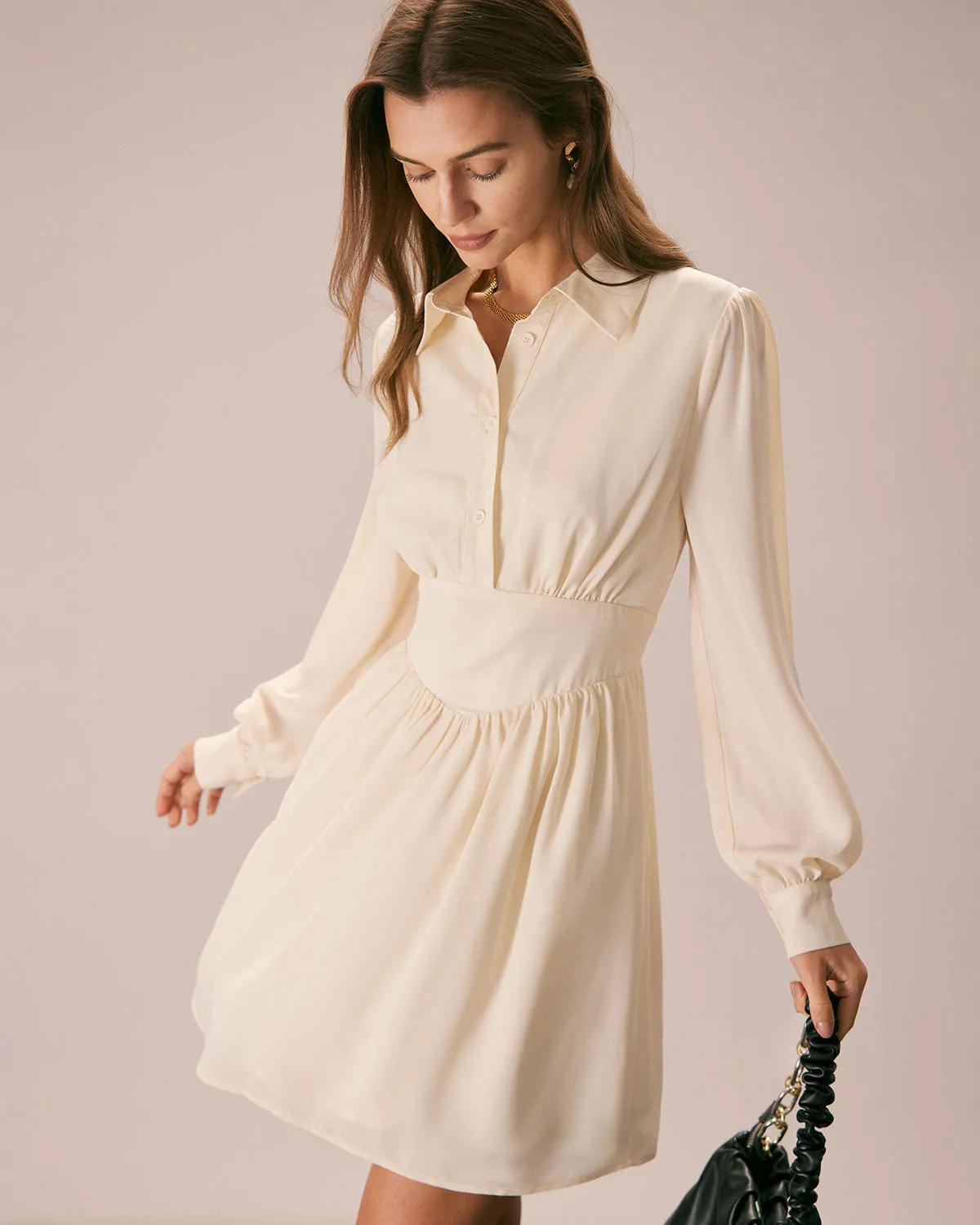 The Beige Lapel Pleated Button Mini Dress sold by rihoas product image thumbnail 3