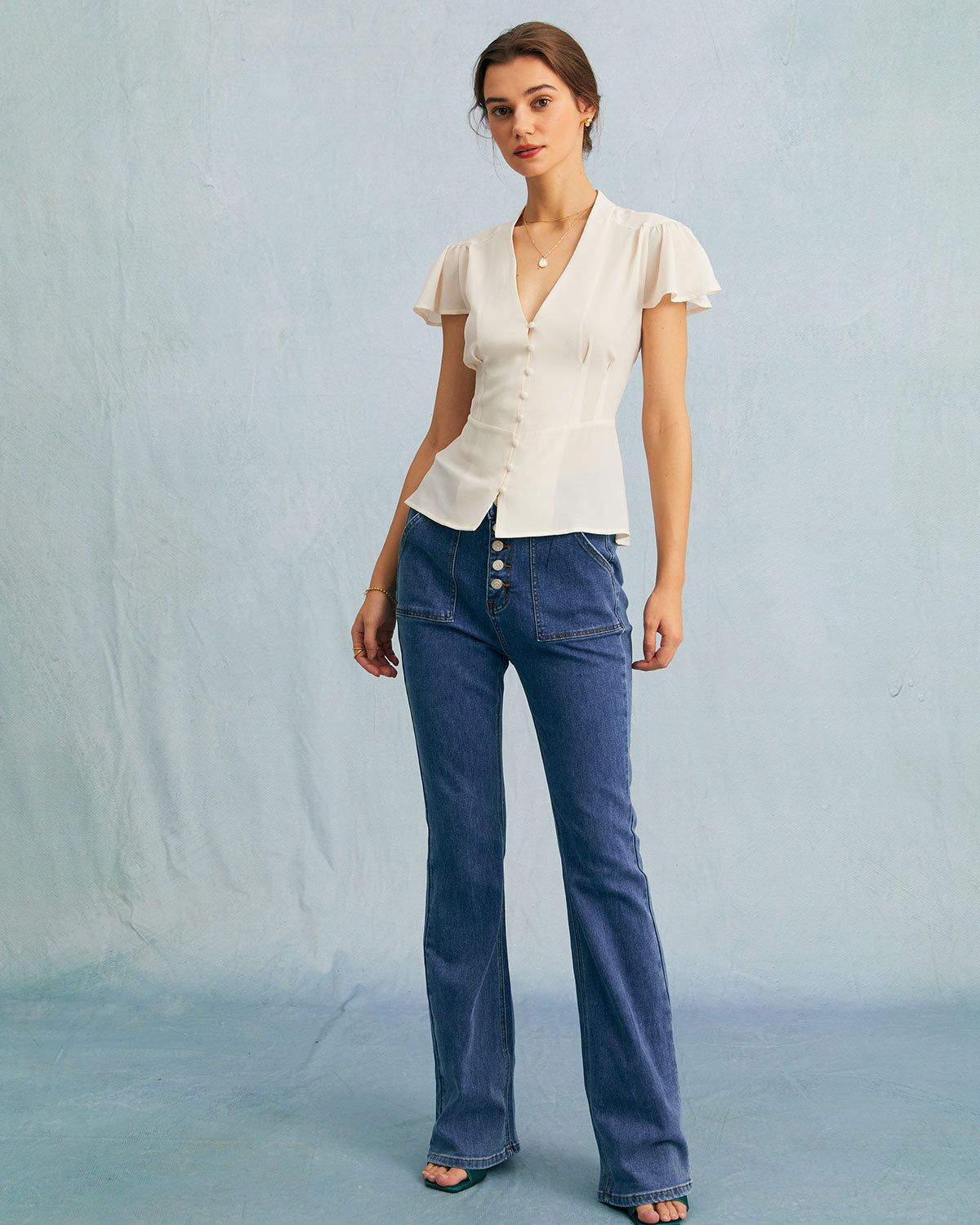 The Apricot V Neck Butterfly Sleeve Blouse sold by rihoas product image thumbnail 2