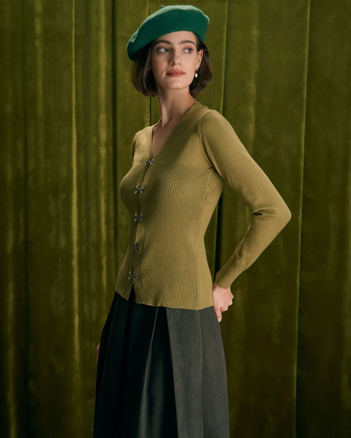 The Green V Neck Long Sleeve Knit Cardigan sold by rihoas product image thumbnail 5