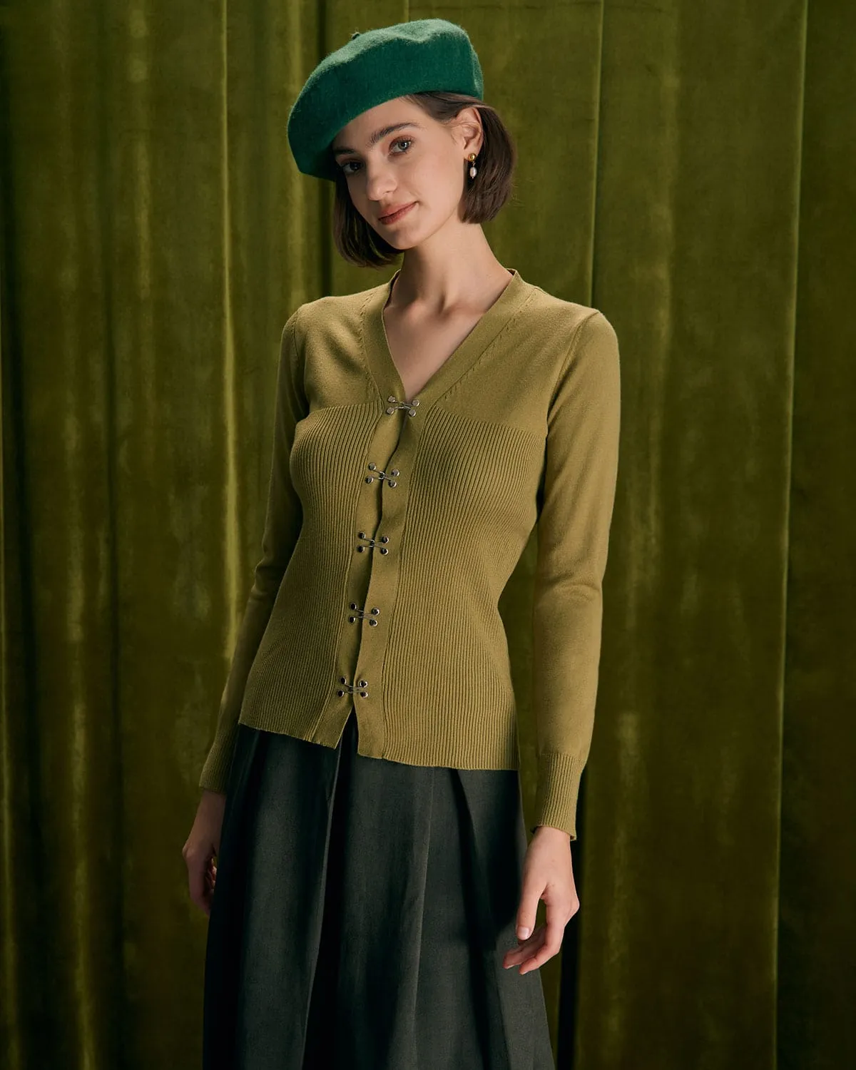 The Green V Neck Long Sleeve Knit Cardigan sold by rihoas product image thumbnail 2