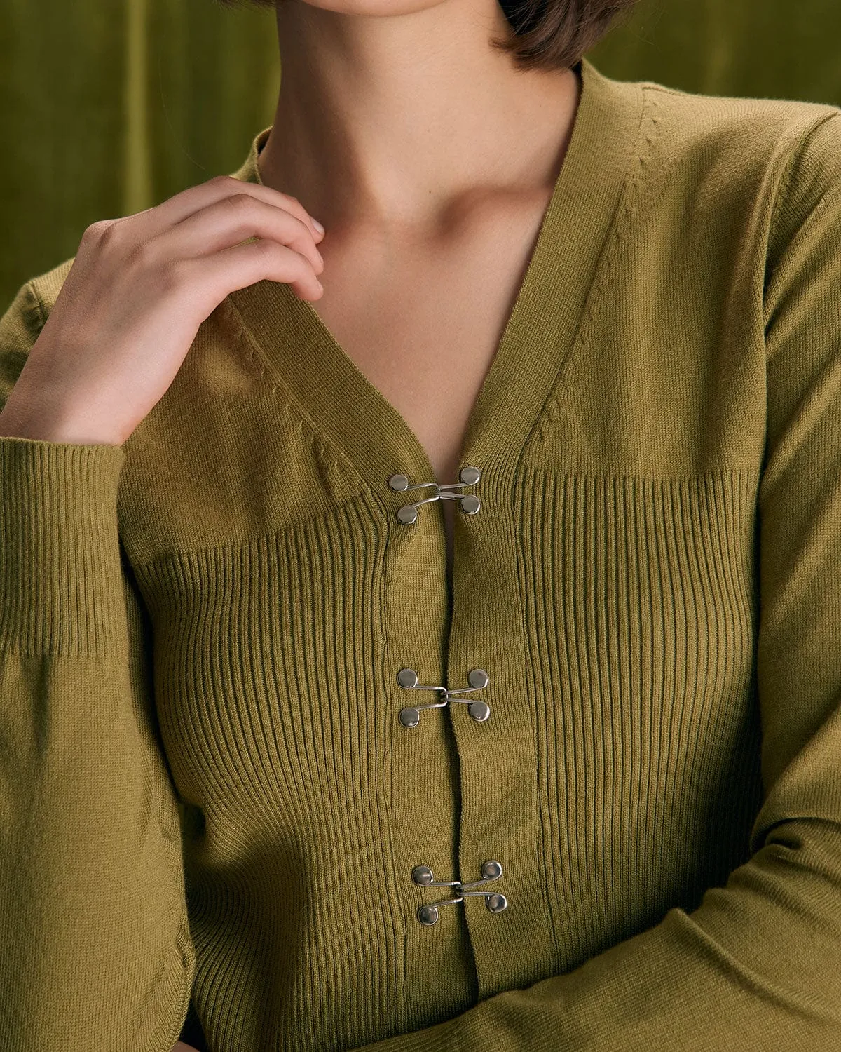 The Green V Neck Long Sleeve Knit Cardigan sold by rihoas product image thumbnail 3