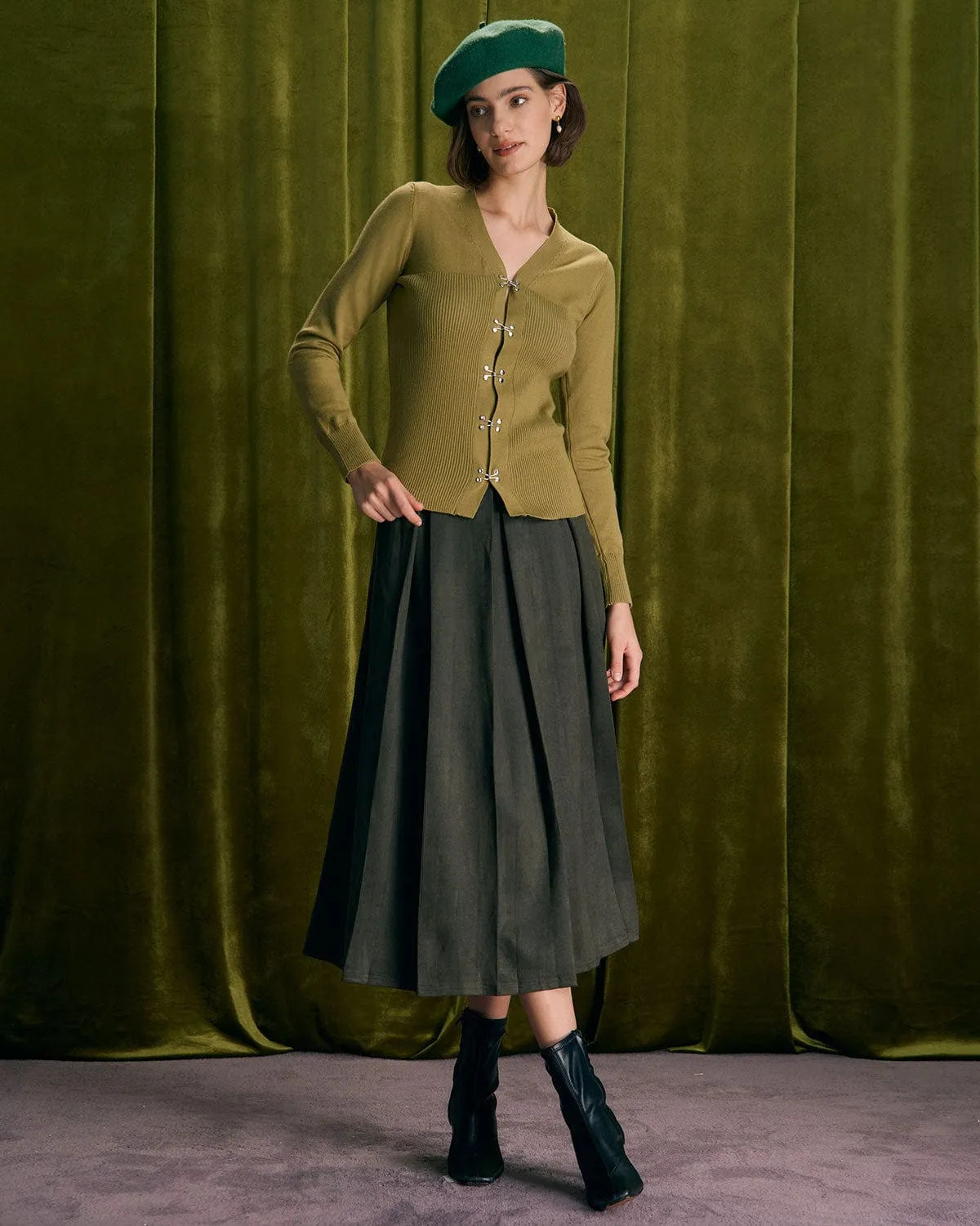 The Green V Neck Long Sleeve Knit Cardigan sold by rihoas product image thumbnail 4