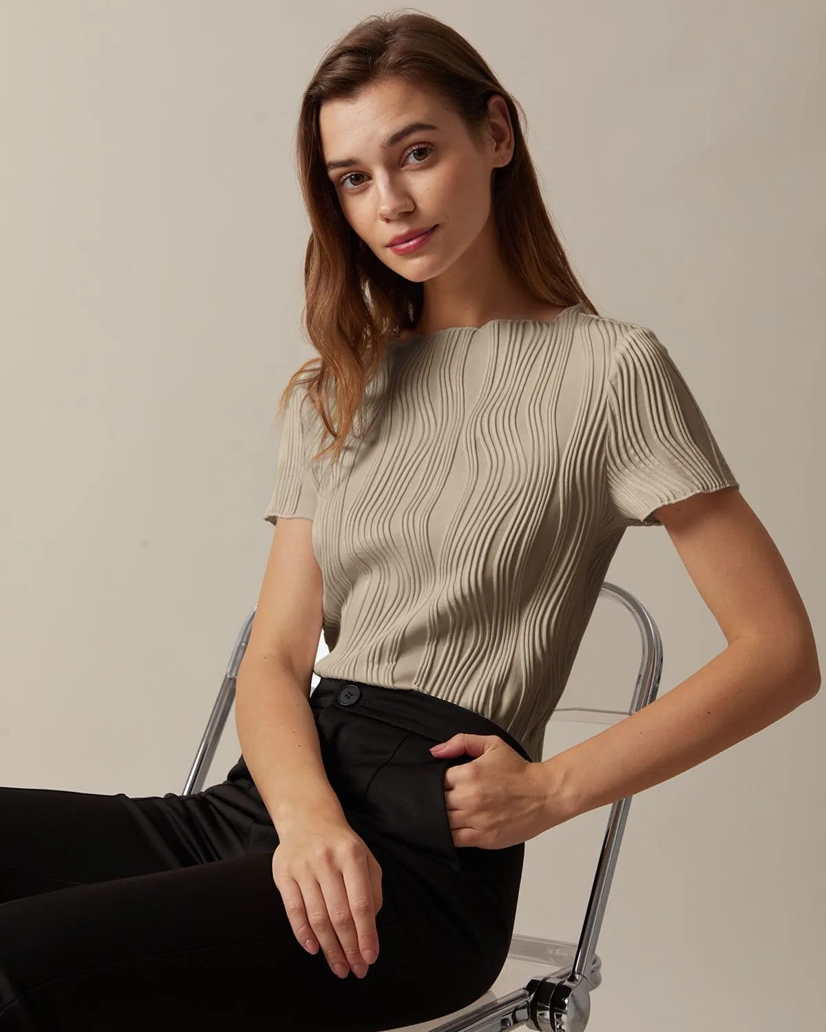 The Khaki Boat Neck Water Ripple Textured Tee sold by rihoas product image thumbnail 2