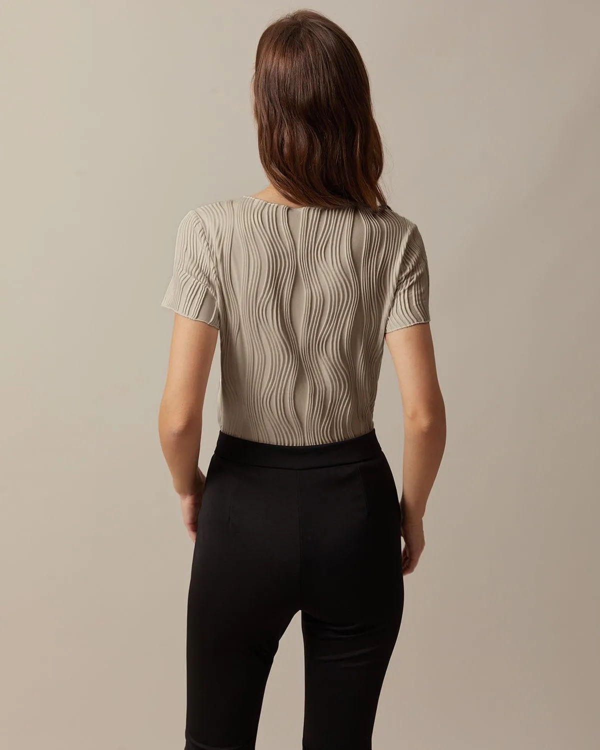 The Khaki Boat Neck Water Ripple Textured Tee sold by rihoas product image thumbnail 3