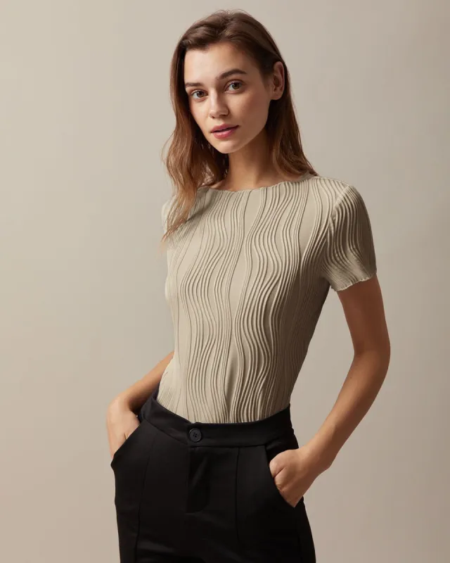 The Khaki Boat Neck Water Ripple Textured Tee sold by rihoas
