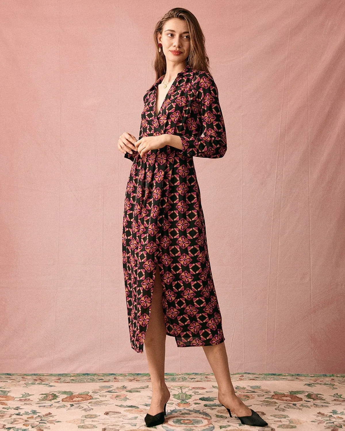 The Lapel Floral Long Sleeve Maxi Dress sold by rihoas product image thumbnail 4