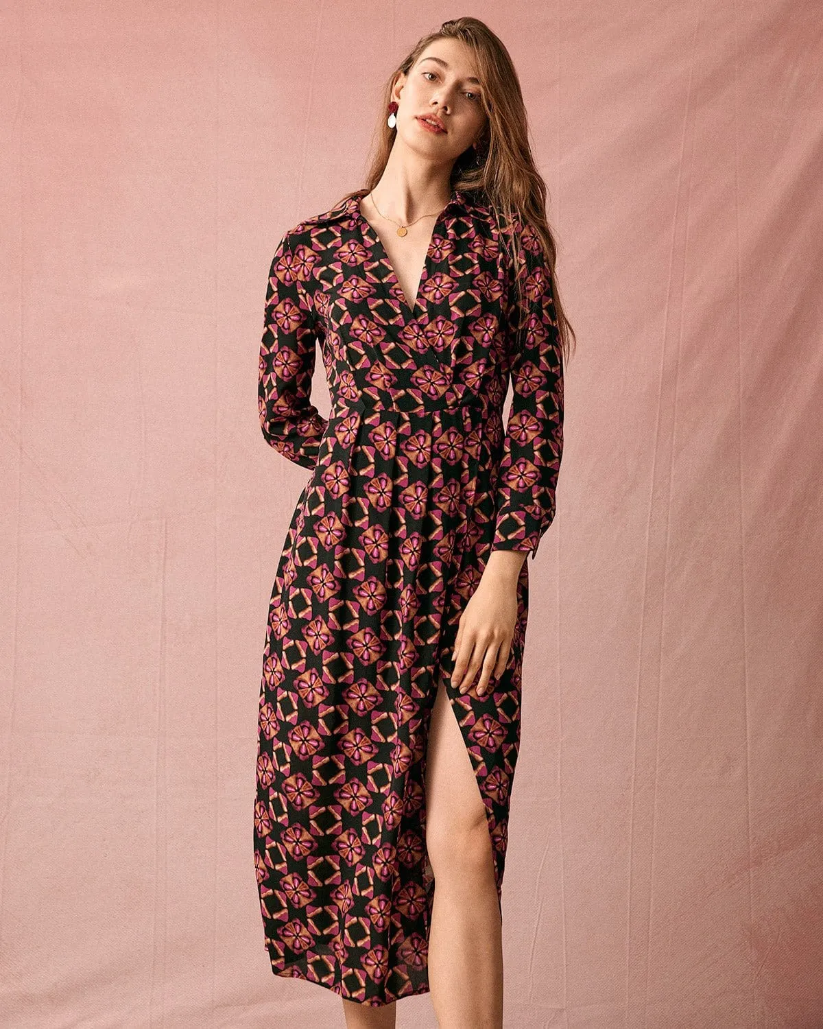 The Lapel Floral Long Sleeve Maxi Dress sold by rihoas