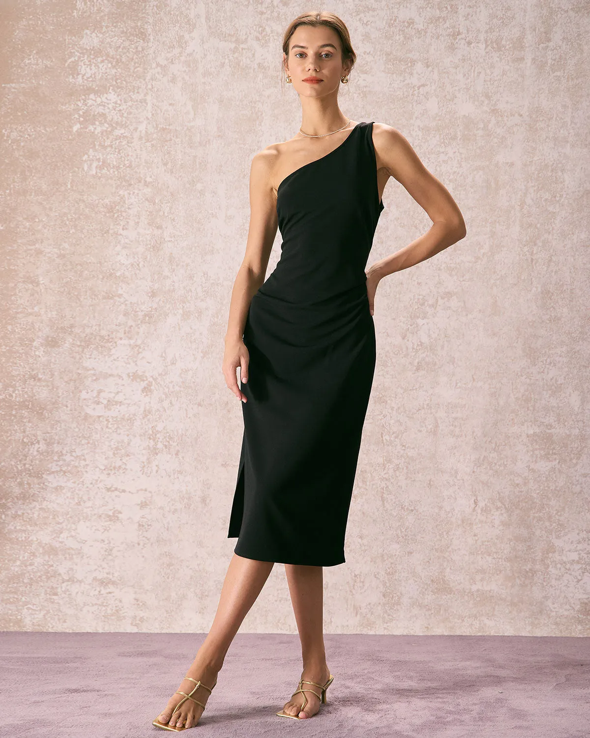 The Black One Shoulder Ruched Midi Dress sold by rihoas product image thumbnail 5