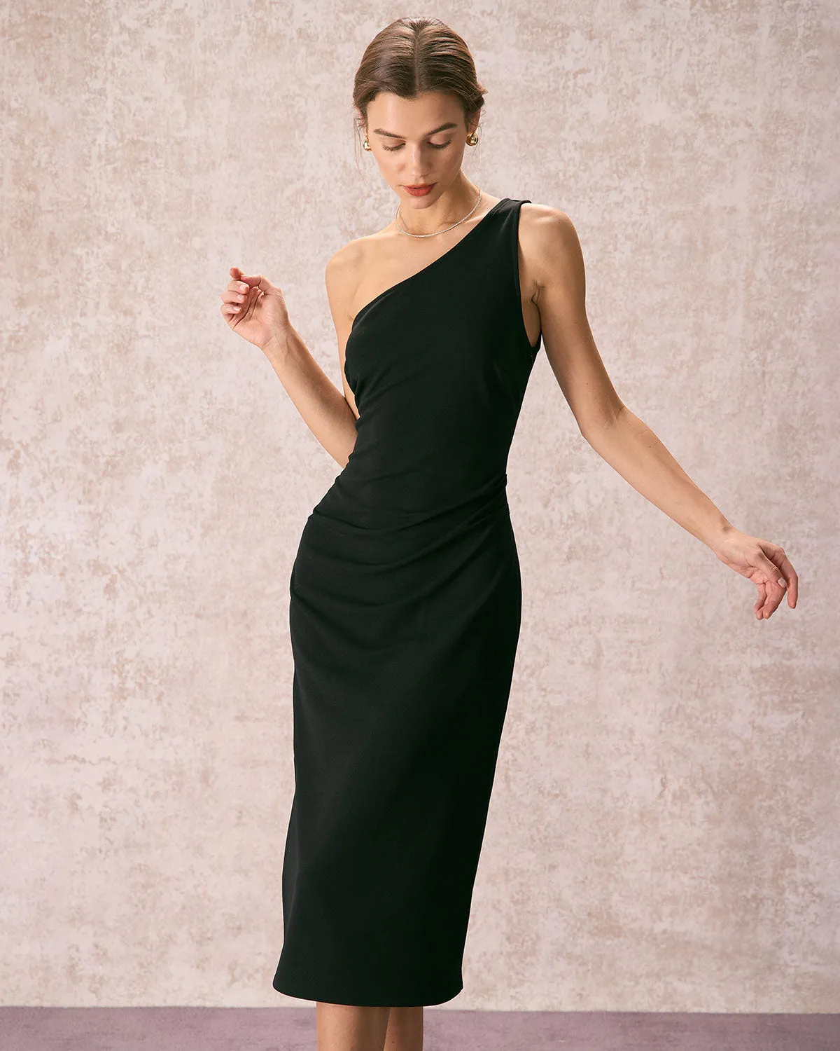 The Black One Shoulder Ruched Midi Dress sold by rihoas