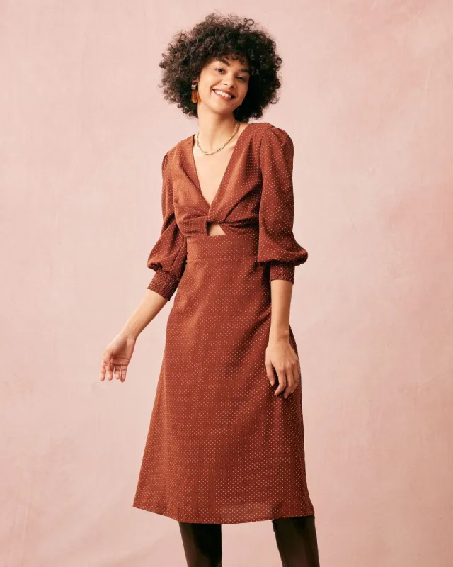 The Brown V Neck Polka Dot Twist Cutout Midi Dress sold by rihoas