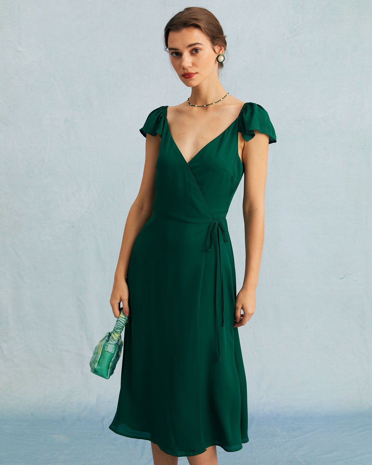 The Green V Neck Butterfly Sleeve Wrap Midi Dress sold by rihoas