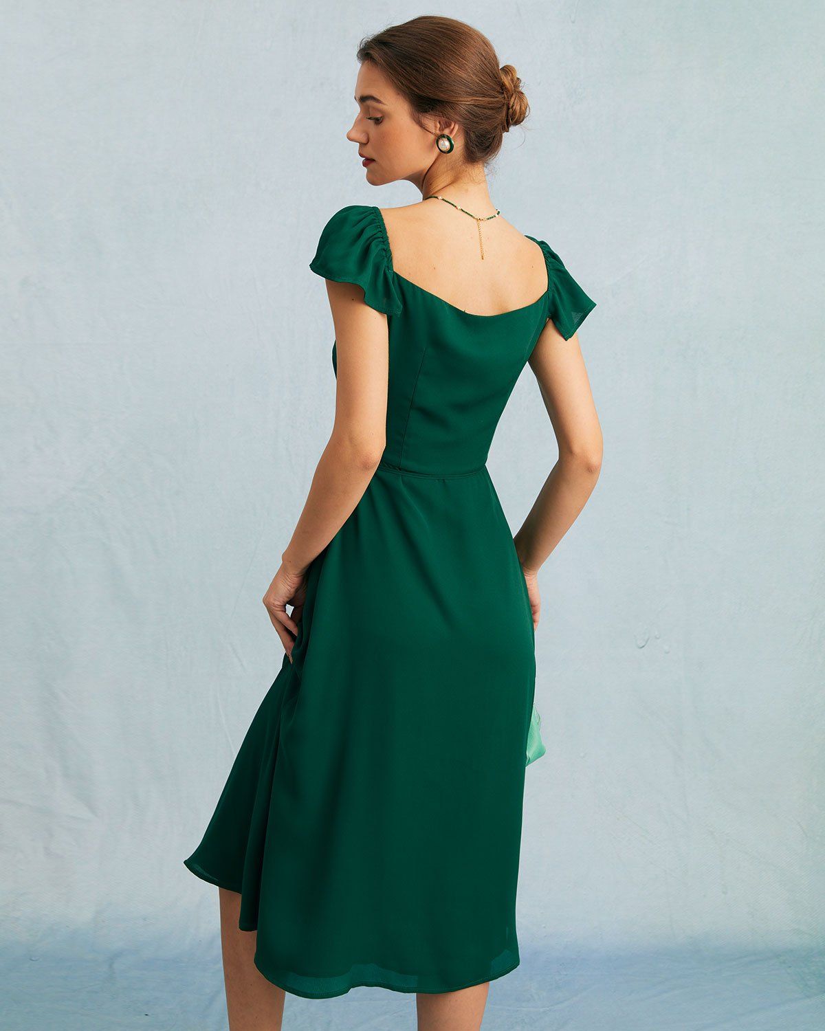 The Green V Neck Butterfly Sleeve Wrap Midi Dress sold by rihoas product image thumbnail 5