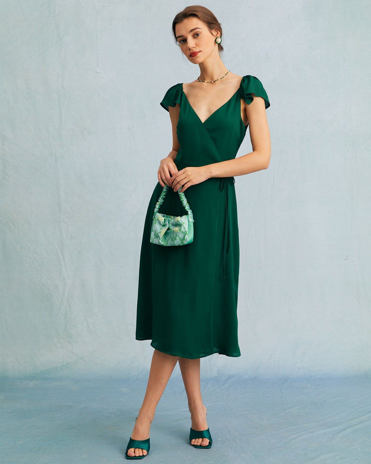 The Green V Neck Butterfly Sleeve Wrap Midi Dress sold by rihoas product image thumbnail 2