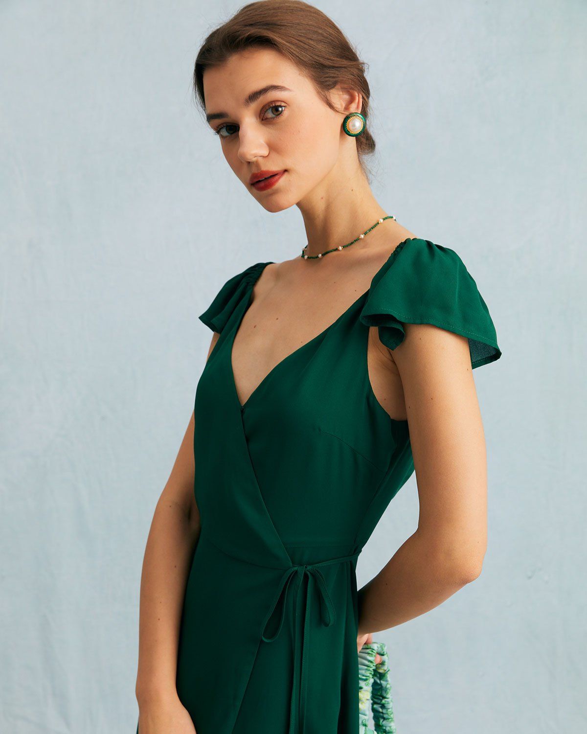 The Green V Neck Butterfly Sleeve Wrap Midi Dress sold by rihoas product image thumbnail 3